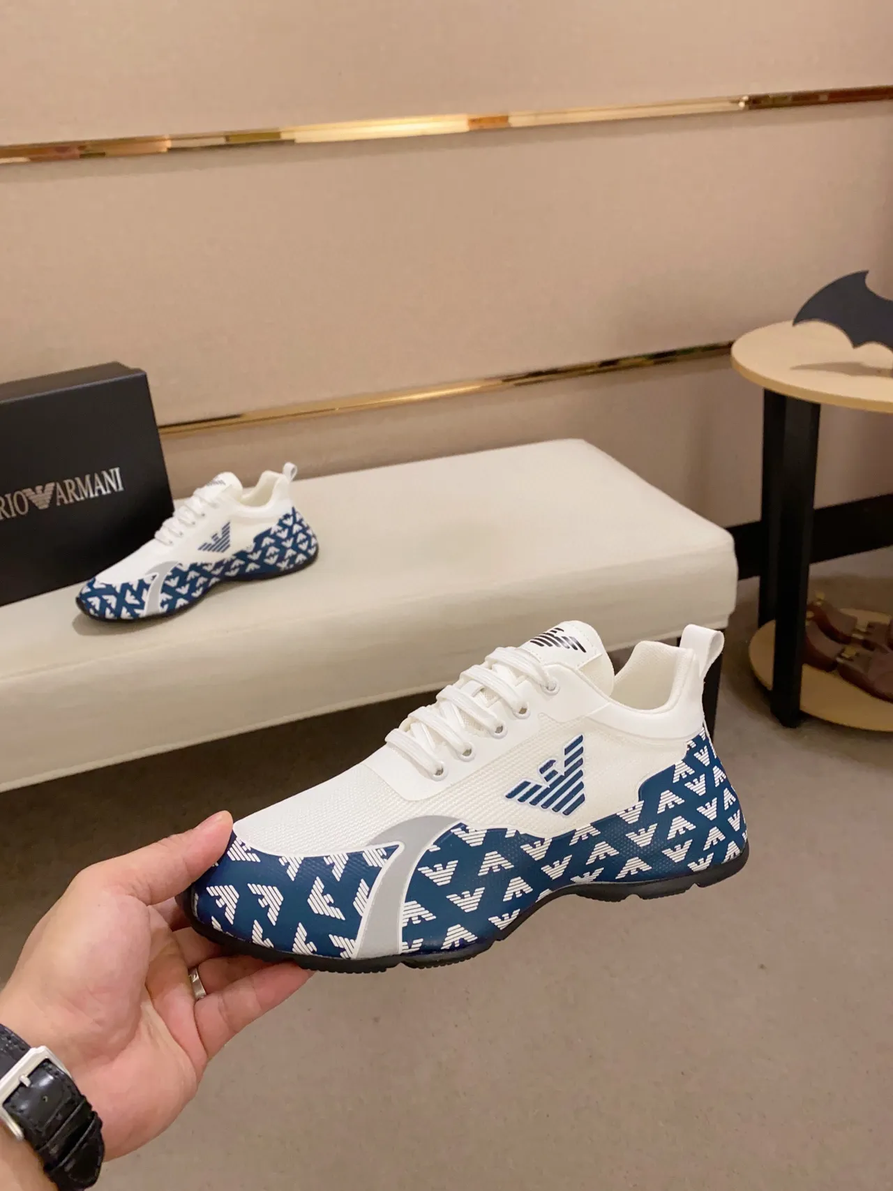 Emporio Armani Monogram-Print White and Navy Lifestyle Sneakers 8
