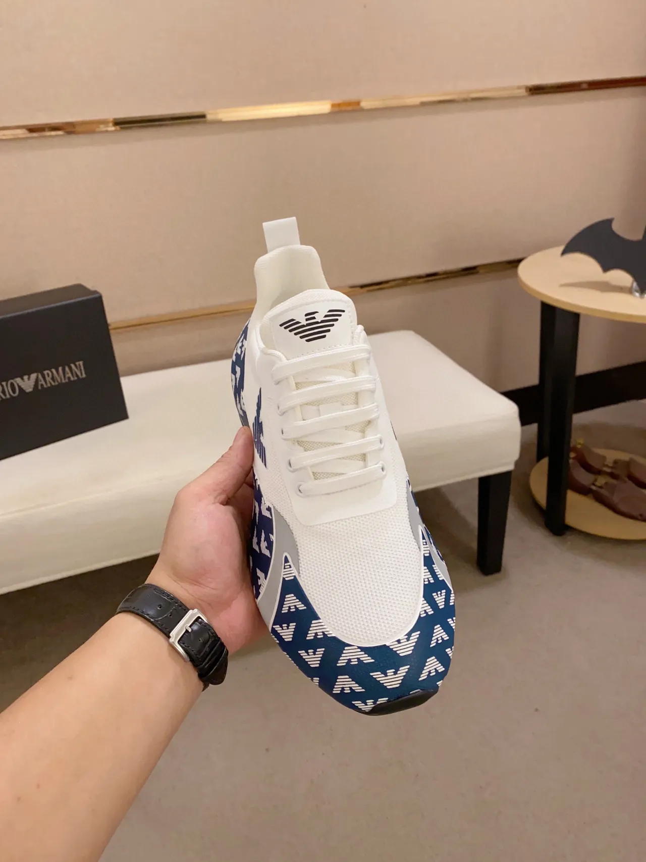 Emporio Armani Monogram-Print White and Navy Lifestyle Sneakers 9