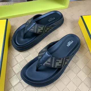 Fendi Black Beige Chunky Platform FF Monogram Strap Slippers