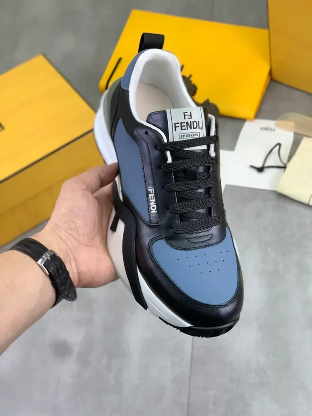 Fendi Black Blue Layered Leather And Synthetic Upper Asymmetric Color-Blocking Sneakers 1
