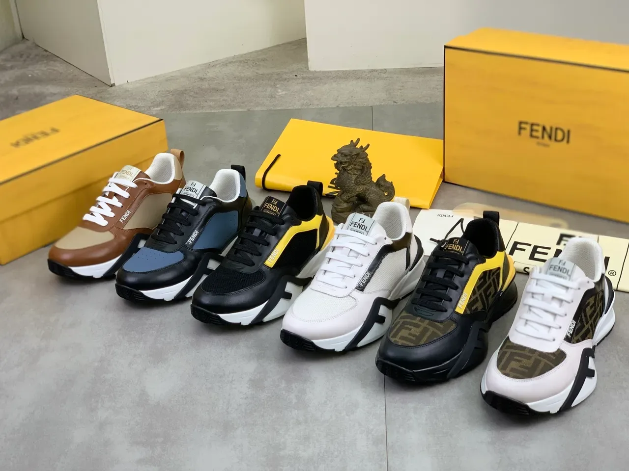 Fendi Black Blue Layered Leather And Synthetic Upper Asymmetric Color-Blocking Sneakers 2