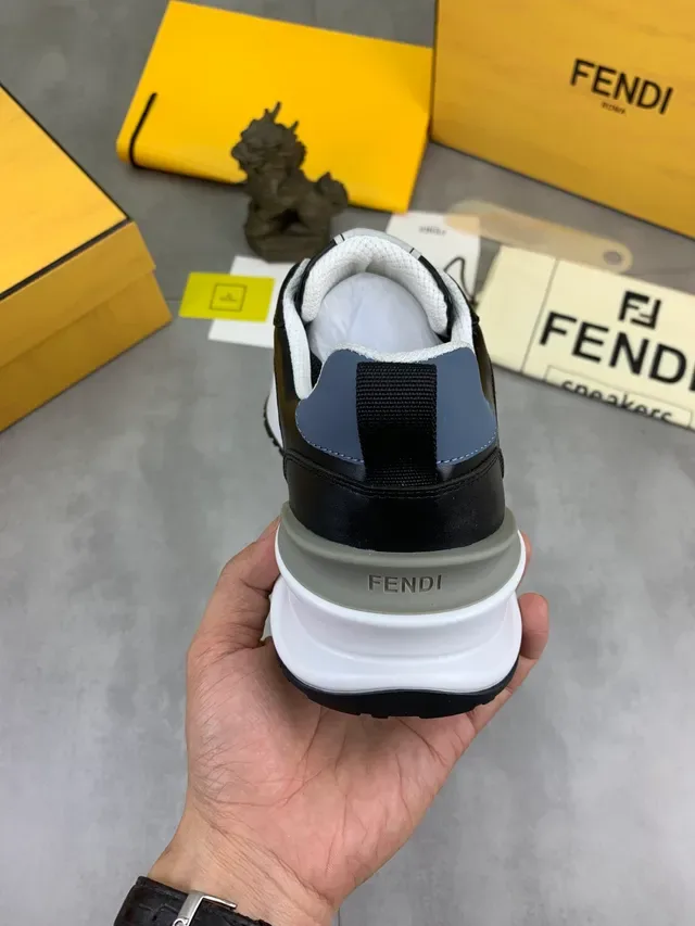 Fendi Black Blue Layered Leather And Synthetic Upper Asymmetric Color-Blocking Sneakers 4
