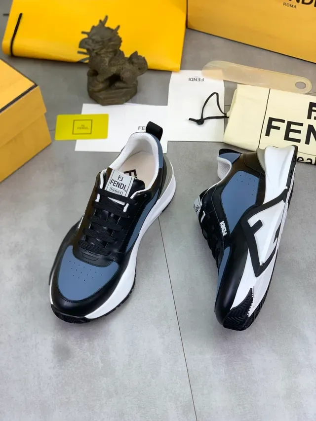 Fendi Black Blue Layered Leather And Synthetic Upper Asymmetric Color-Blocking Sneakers 5
