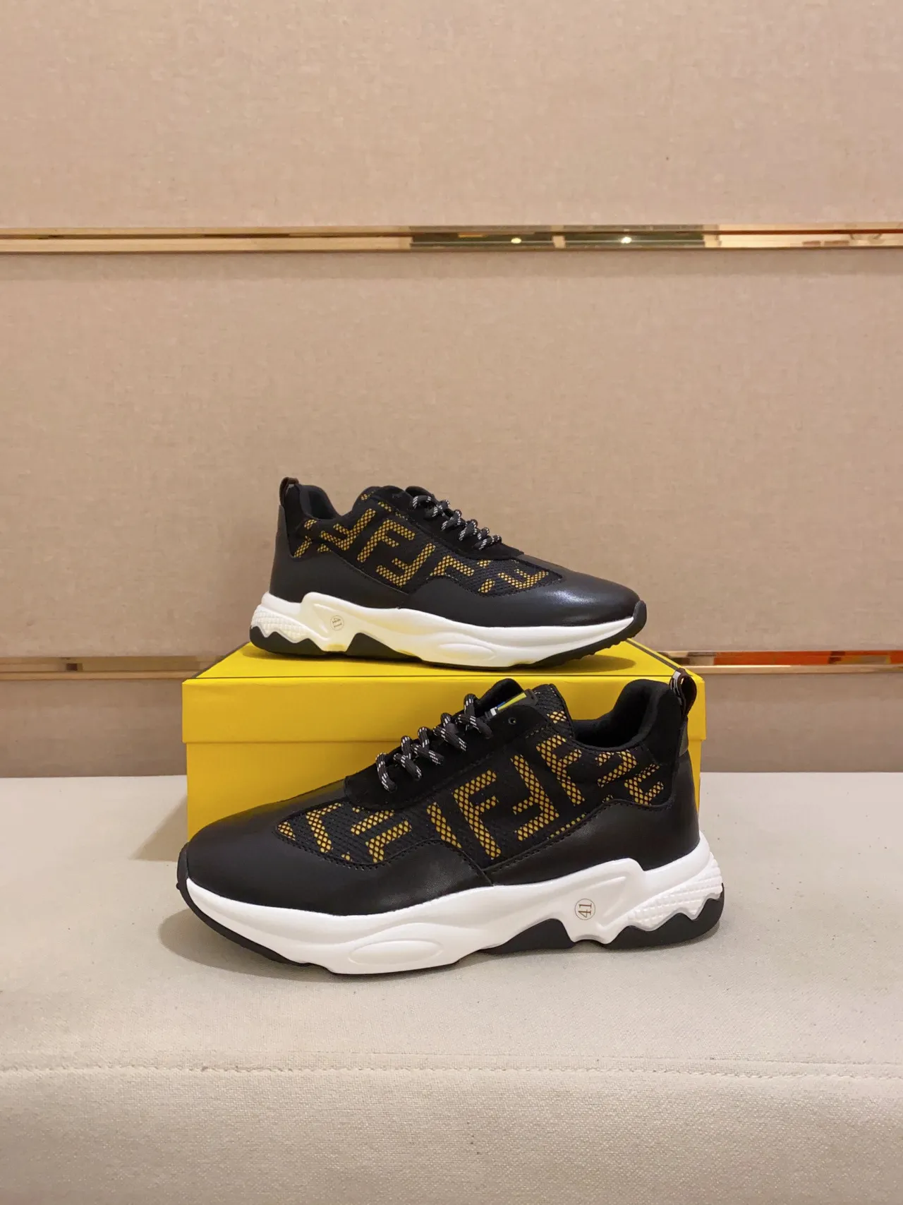 Fendi Black Gold Sole Monogram Mesh Upper Chunky Sneakers 4