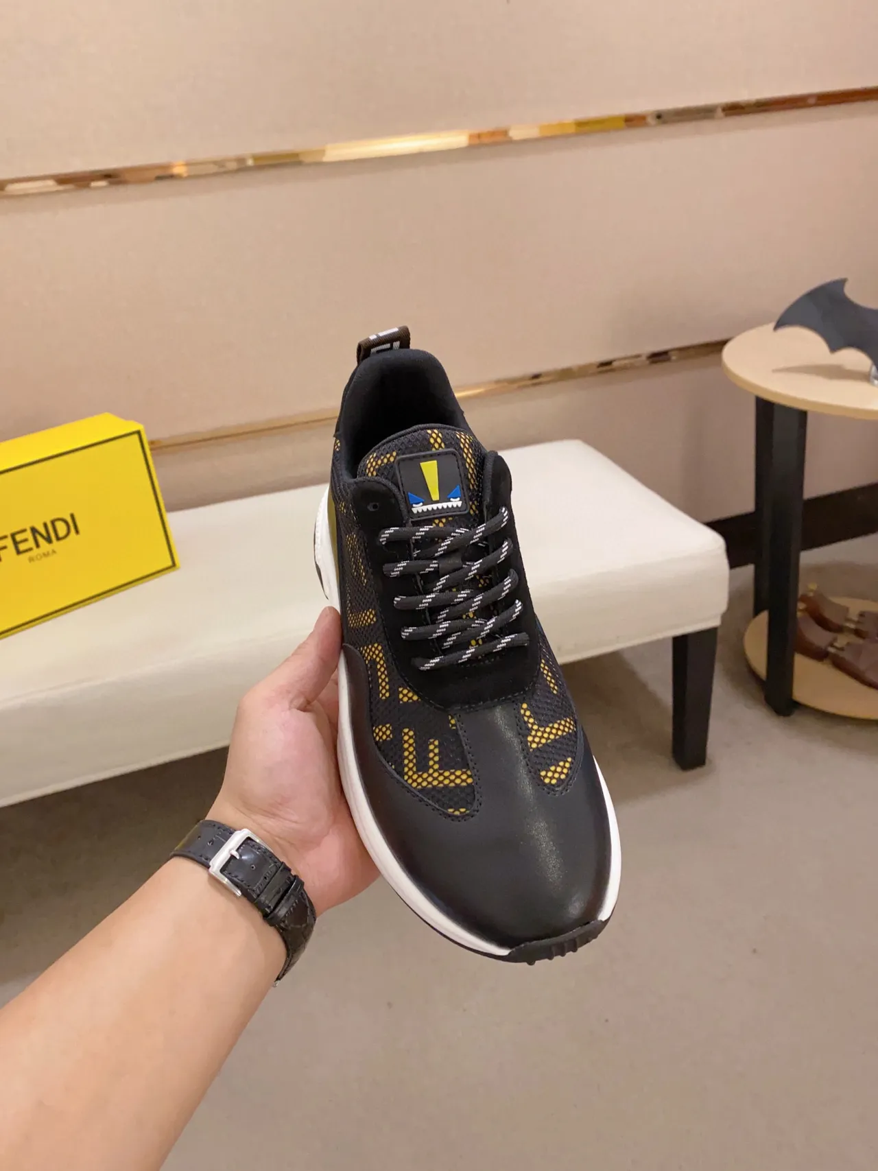 Fendi Black Gold Sole Monogram Mesh Upper Chunky Sneakers 9