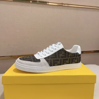 Fendi Brown White Monogram-Printed Fabric Suede Toe Cap Lifestyle Sneakers