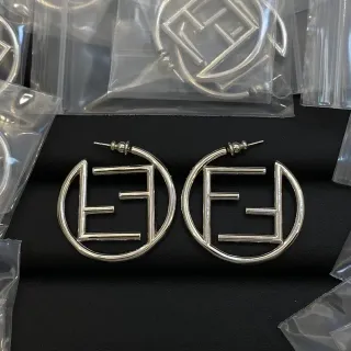 Fendi FF Hoop Silver Geometric Monogram Silhouette Earrings