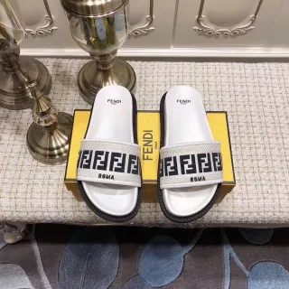 Fendi FF Slide White Black Woven Strap Rubber Footbed Slippers