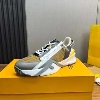 Fendi Gold Gray Asymmetrical Zipper FF Jacquard Textile Chunky Sneakers