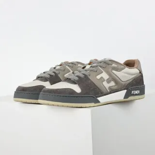 Fendi Gray Beige Layered Suede And Leather Upper Geometric Side-Panel Motif Lifestyle Sneakers