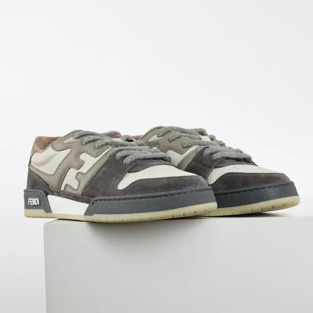 Fendi Gris Beige Suede et Cuero en Couche Supérieure Motif Géométrique Panneau Latéral Style Sneakers Lifestyle 3