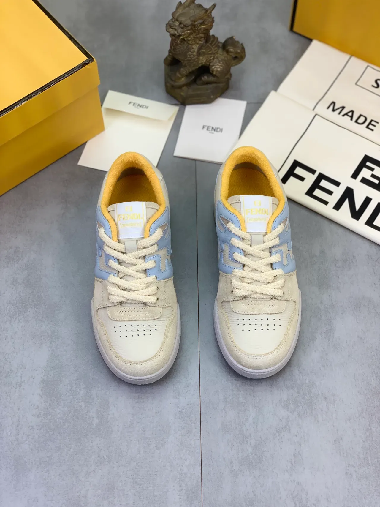 Fendi Lifestyle Sneaker Beige Blue Mixed-Material Upper Light FF Motif Overlay Lifestyle Sneakers 6