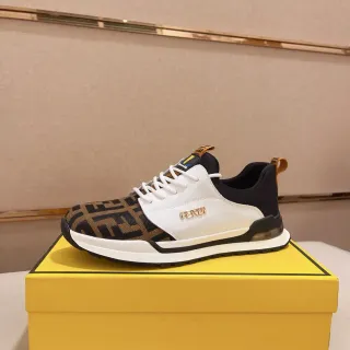 Fendi White Brown Mixed-Material Upper FF Monogram Fabric Toe Lifestyle Sneakers