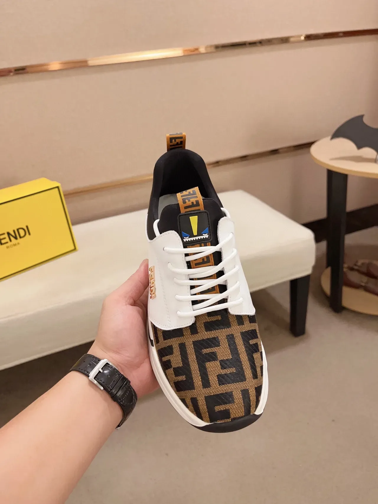 Fendi White Brown Mixed-Material Upper FF Monogram Fabric Toe Lifestyle Sneakers 2