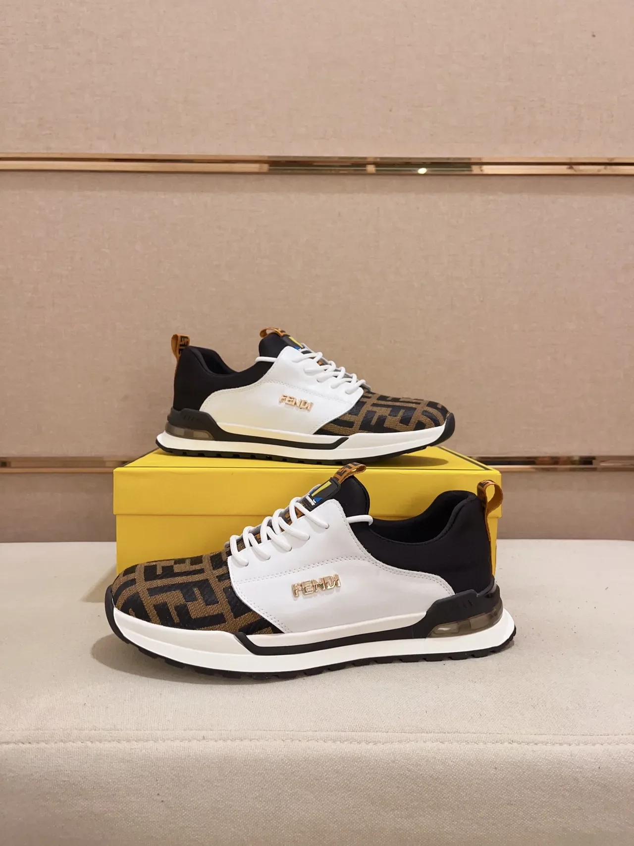 Fendi White Brown Mixed-Material Upper FF Monogram Fabric Toe Lifestyle Sneakers 5