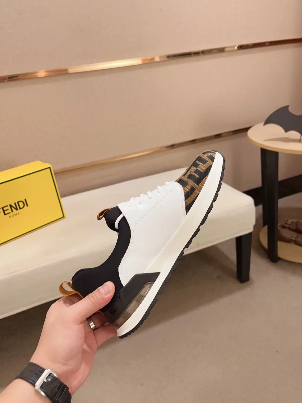 Fendi White Brown Mixed-Material Upper FF Monogram Fabric Toe Lifestyle Sneakers 7
