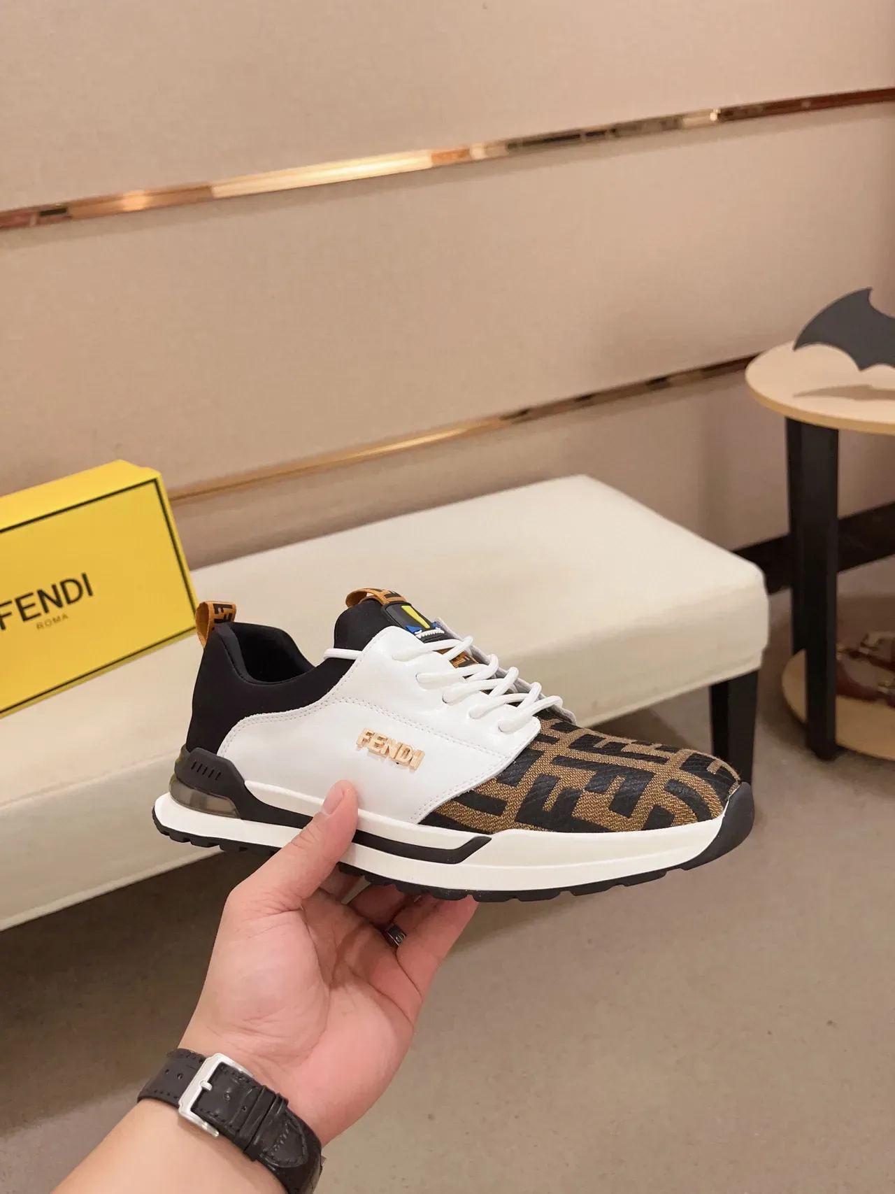 Fendi White Brown Mixed-Material Upper FF Monogram Fabric Toe Lifestyle Sneakers 8