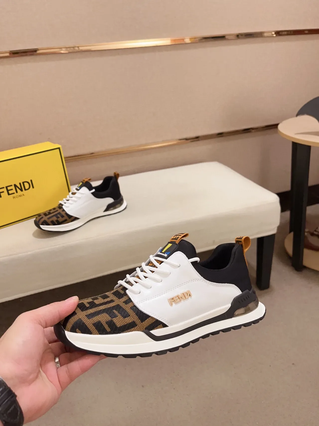 Fendi White Brown Mixed-Material Upper FF Monogram Fabric Toe Lifestyle Sneakers 9