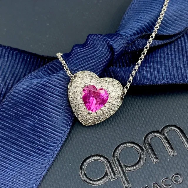 apm Monaco Silver Pink Heart-Shaped Pendant Pavé-Set Diamonds Necklace 6