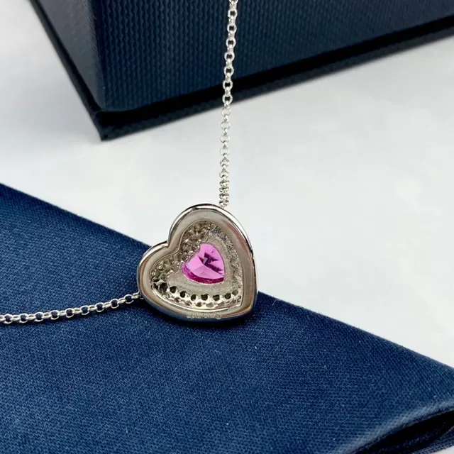 apm Monaco Silver Pink Heart-Shaped Pendant Pavé-Set Diamonds Necklace 7