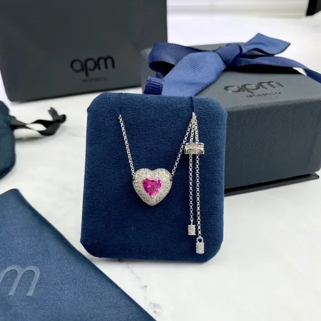 apm Monaco Silver Pink Heart-Shaped Pendant Pavé-Set Diamonds Necklace 8