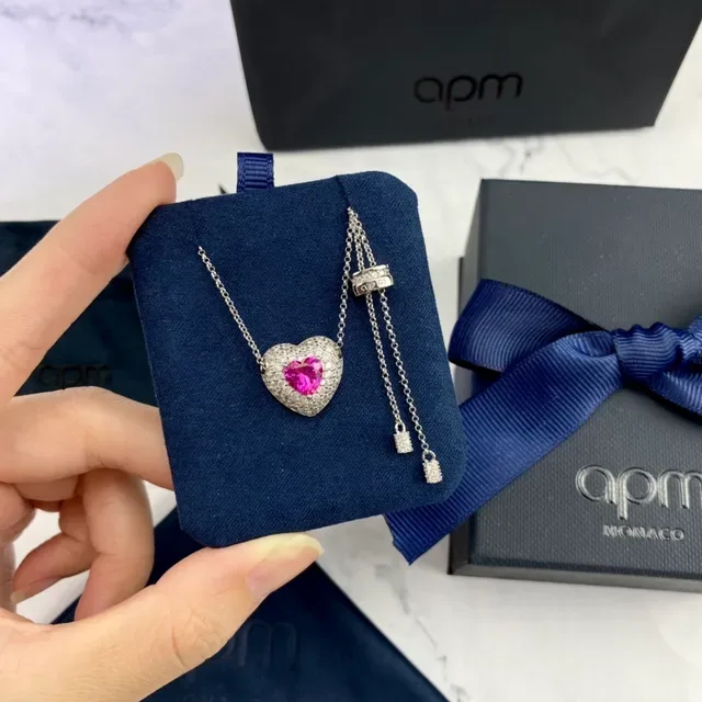 apm Monaco Silver Pink Heart-Shaped Pendant Pavé-Set Diamonds Necklace 9