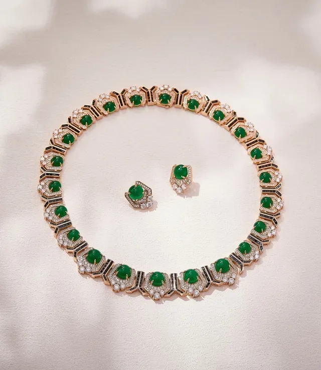 Art Deco-Style Geometric Green and Black Diamond Necklace 4