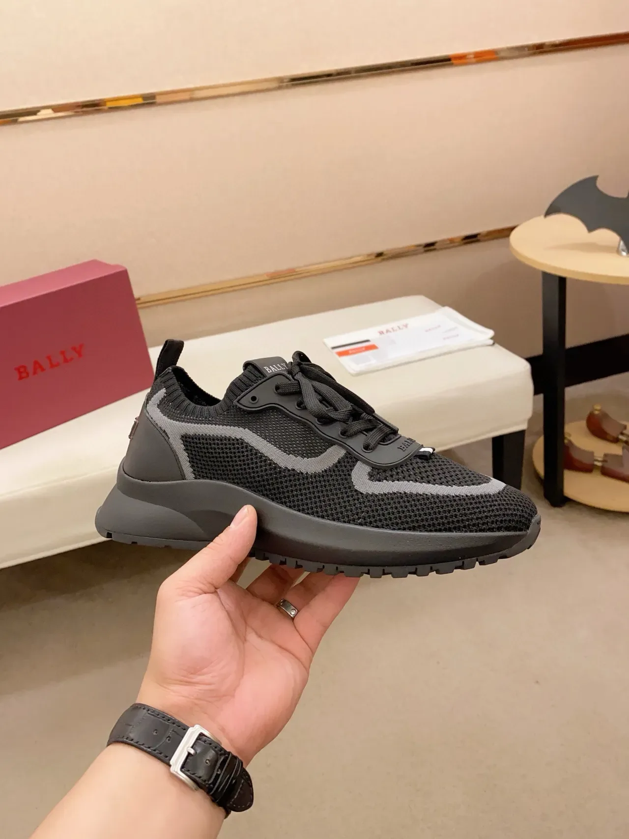 Bally Black Gray Knit Mesh Upper Wave Overlay Sneakers 4