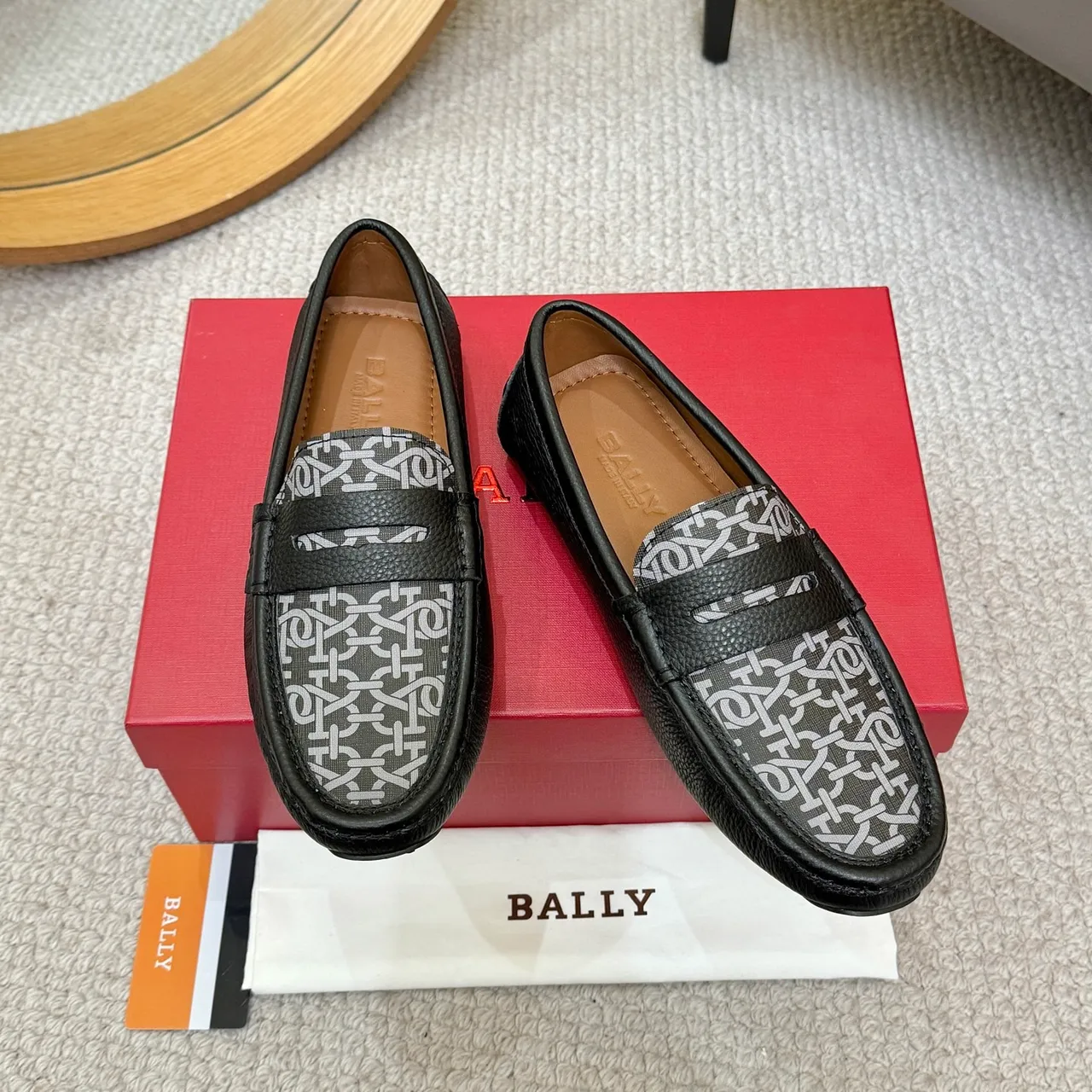 Bally Black Gray Pebbled Leather Monogrammed Fabric Vamp Loafer 3