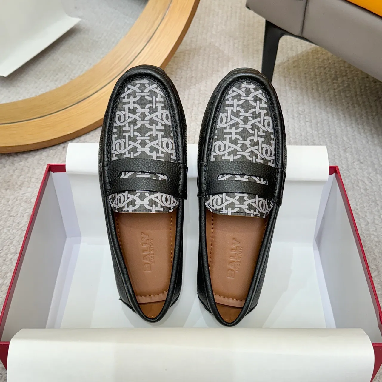 Bally Black Gray Pebbled Leather Monogrammed Fabric Vamp Loafer 4