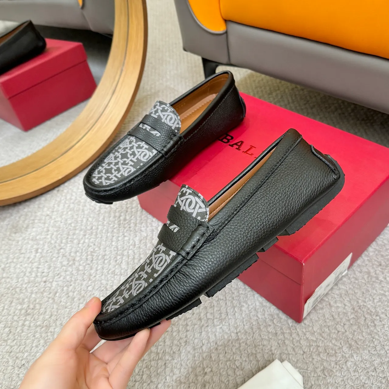 Bally Black Gray Pebbled Leather Monogrammed Fabric Vamp Loafer 6