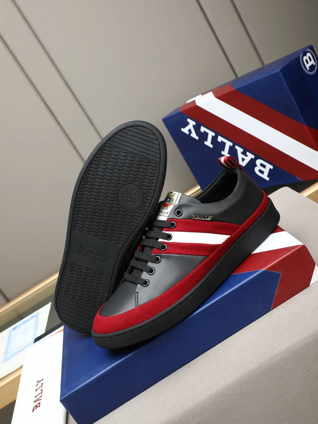 Bally Black Red Low-Top Suede-and-Leather Upper Lifestyle Sneakers 4