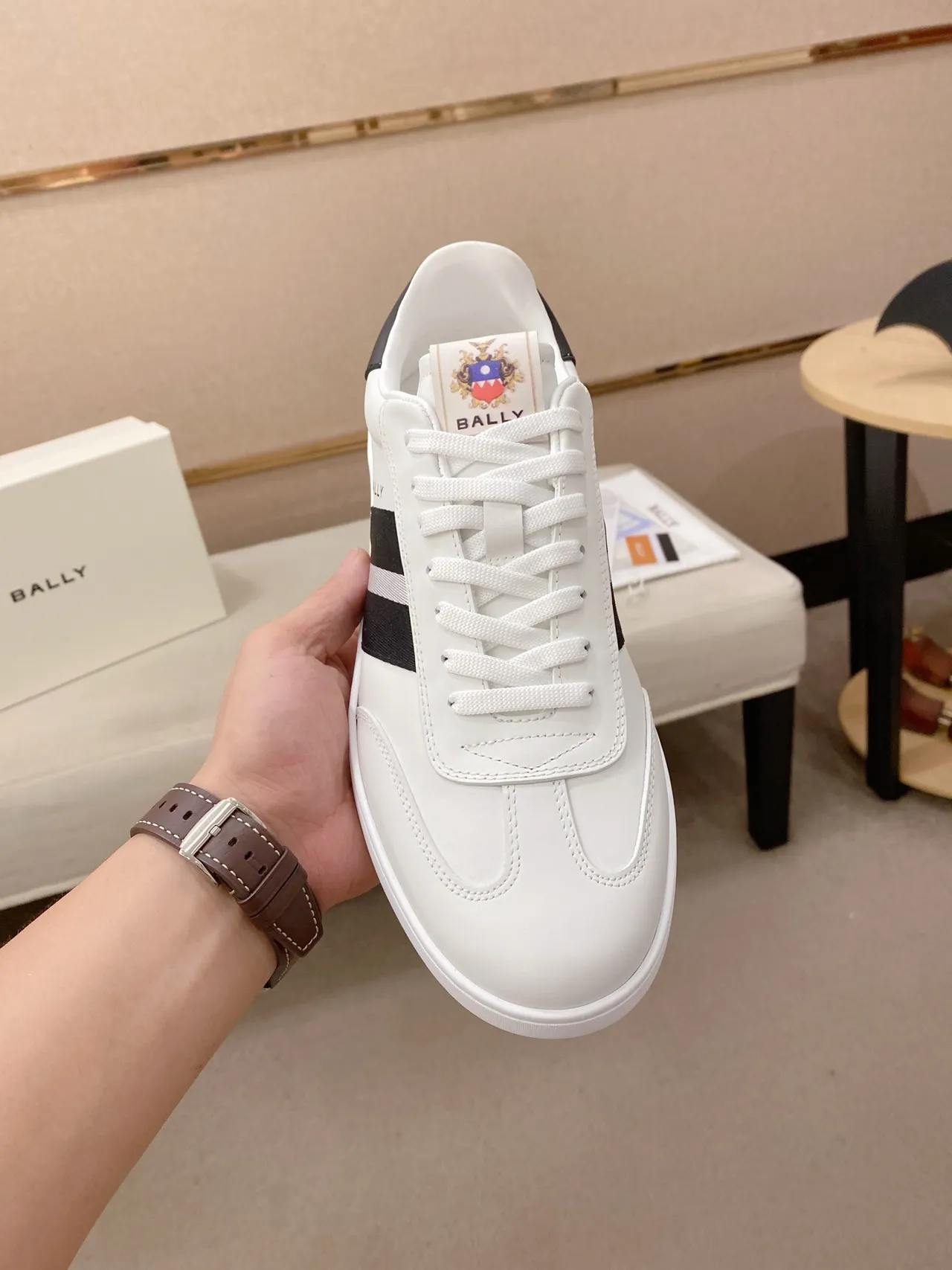 BALLY White and Black Stripe Leather Lifestyle Sneaker 5