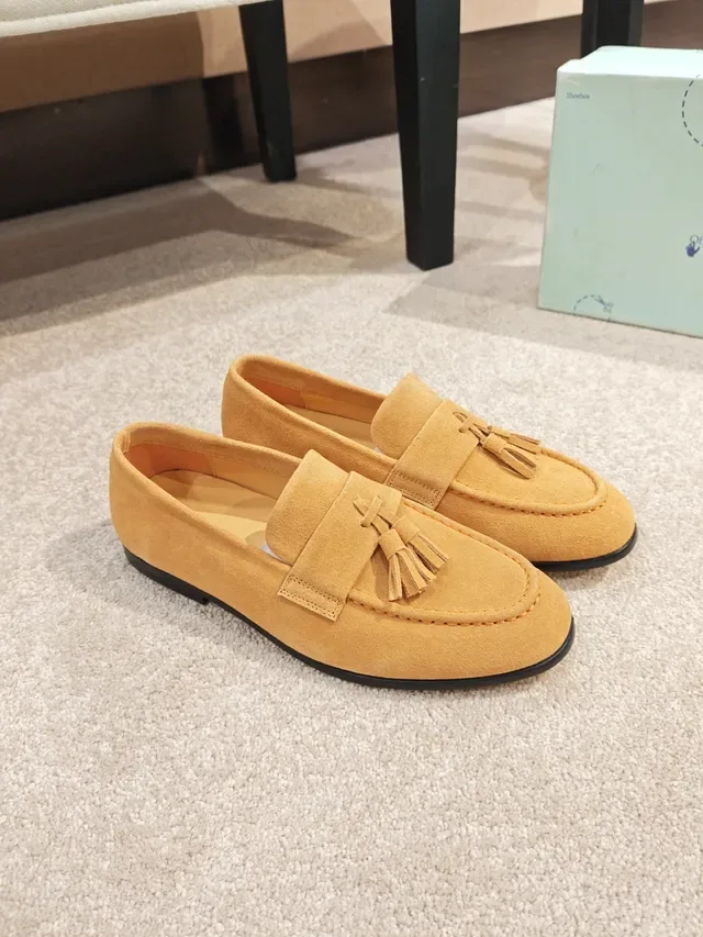 Beige Black Tassel Strap Suede Upper Loafer 4