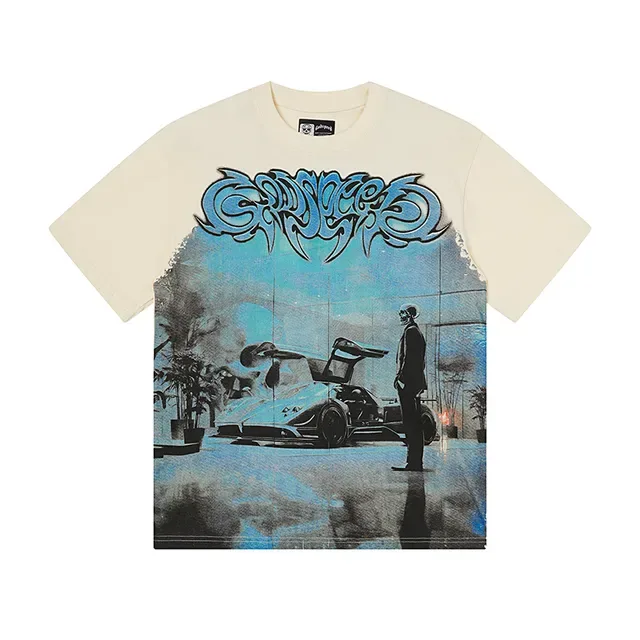 Beige Blue Graphic Print Oversized Fit T-Shirt 2