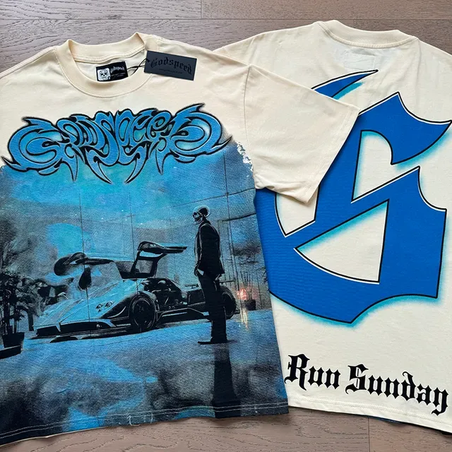 Beige Blue Graphic Print Oversized Fit T-Shirt 4