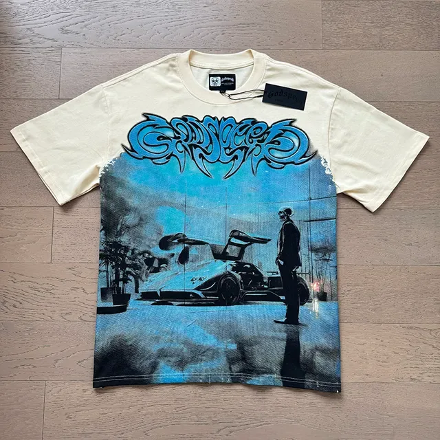 Beige Blue Graphic Print Oversized Fit T-Shirt 5