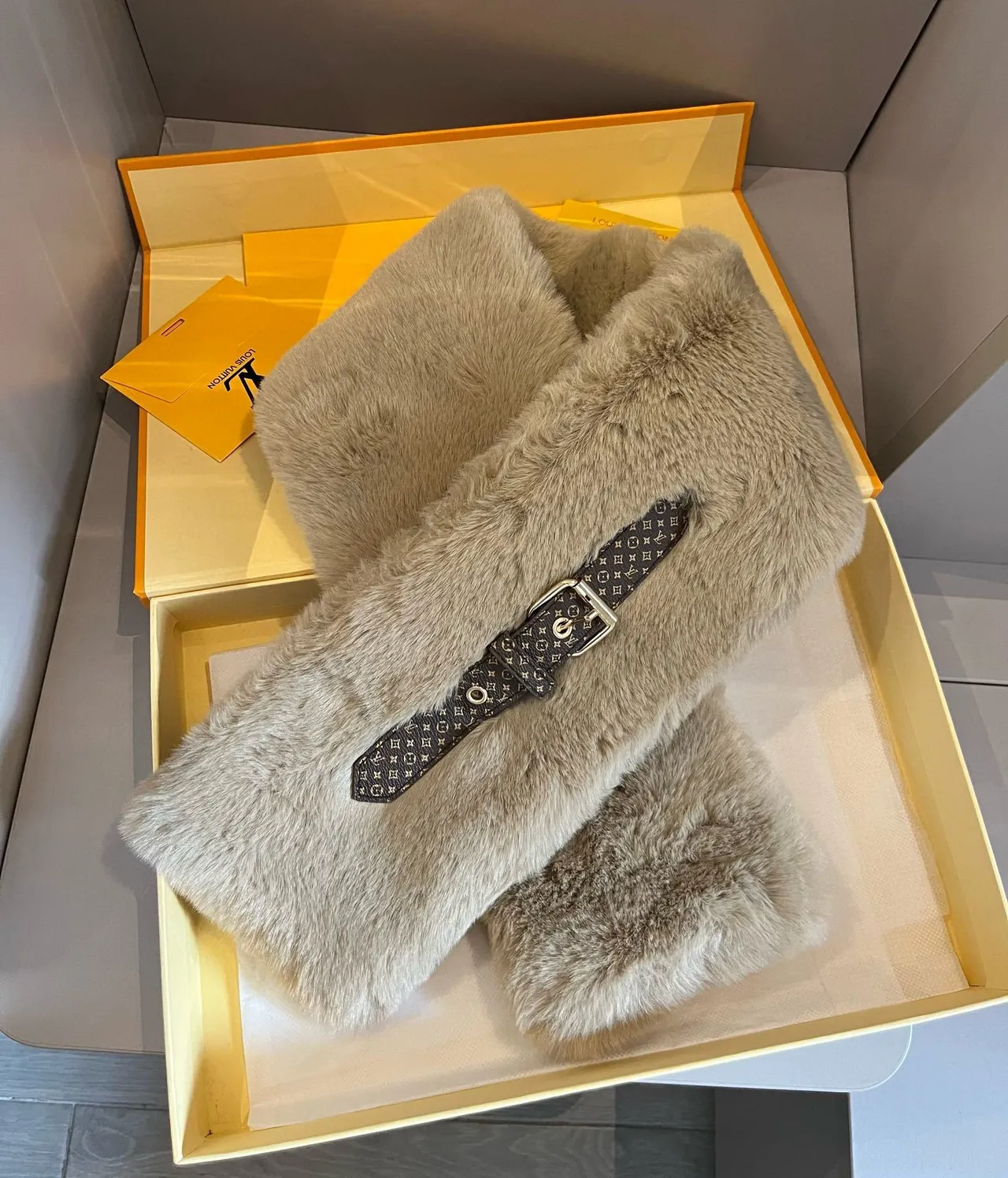 Beige Brown Faux Fur Monogram-Patterned Accent Scarve 6