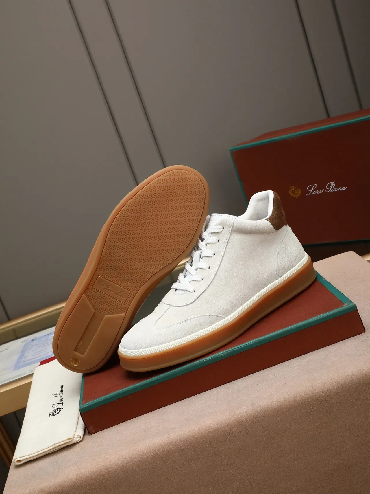 Beige Brown Suede Upper Contrast Heel Tab Sneakers 4
