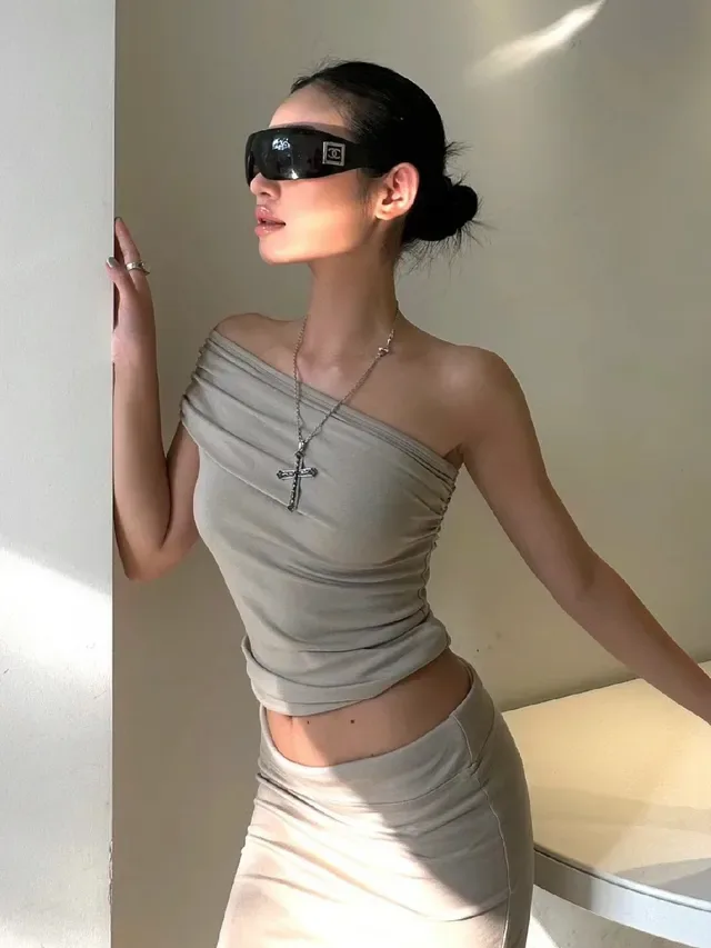 Beige Draped Off-Shoulder Crop Top and Wide-Leg Pants Set 5