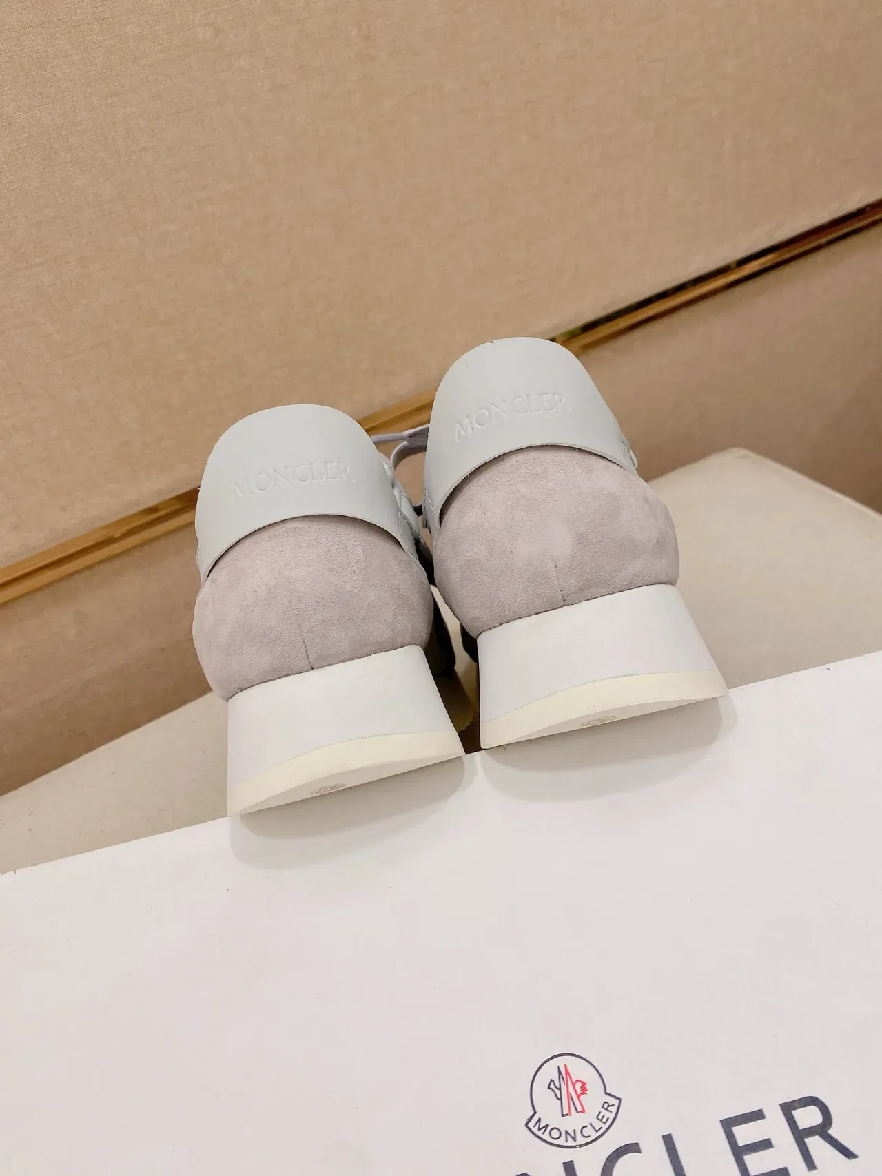 Beige Gray Layered Suede And Mesh Upper Stitched M-Logo Side Panel Sneakers 3