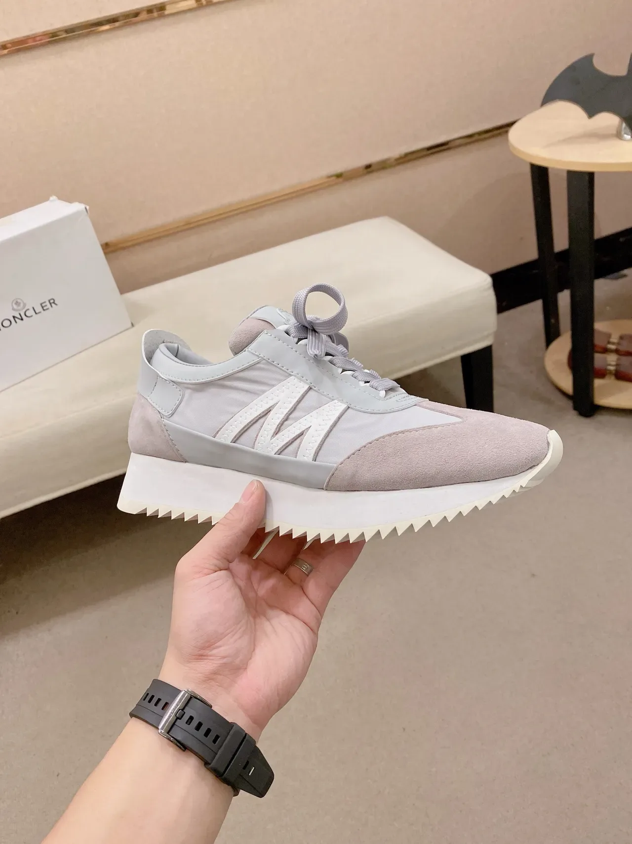 Beige Gray Layered Suede And Mesh Upper Stitched M-Logo Side Panel Sneakers 5