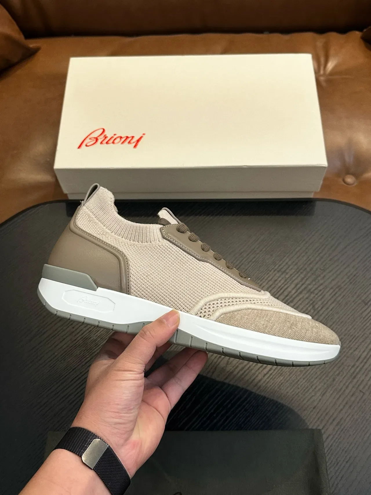 Beige Mesh and Taupe Overlay Lifestyle Sneakers 2