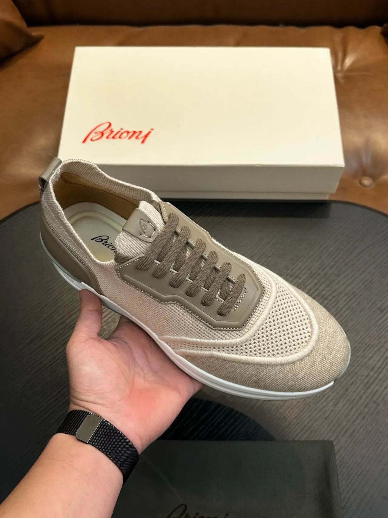 Beige Mesh and Taupe Overlay Lifestyle Sneakers 3