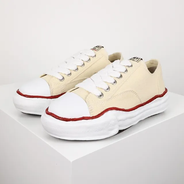 Beige Red Off-White Upper Rubber Toe Cap Canvas Shoes 2