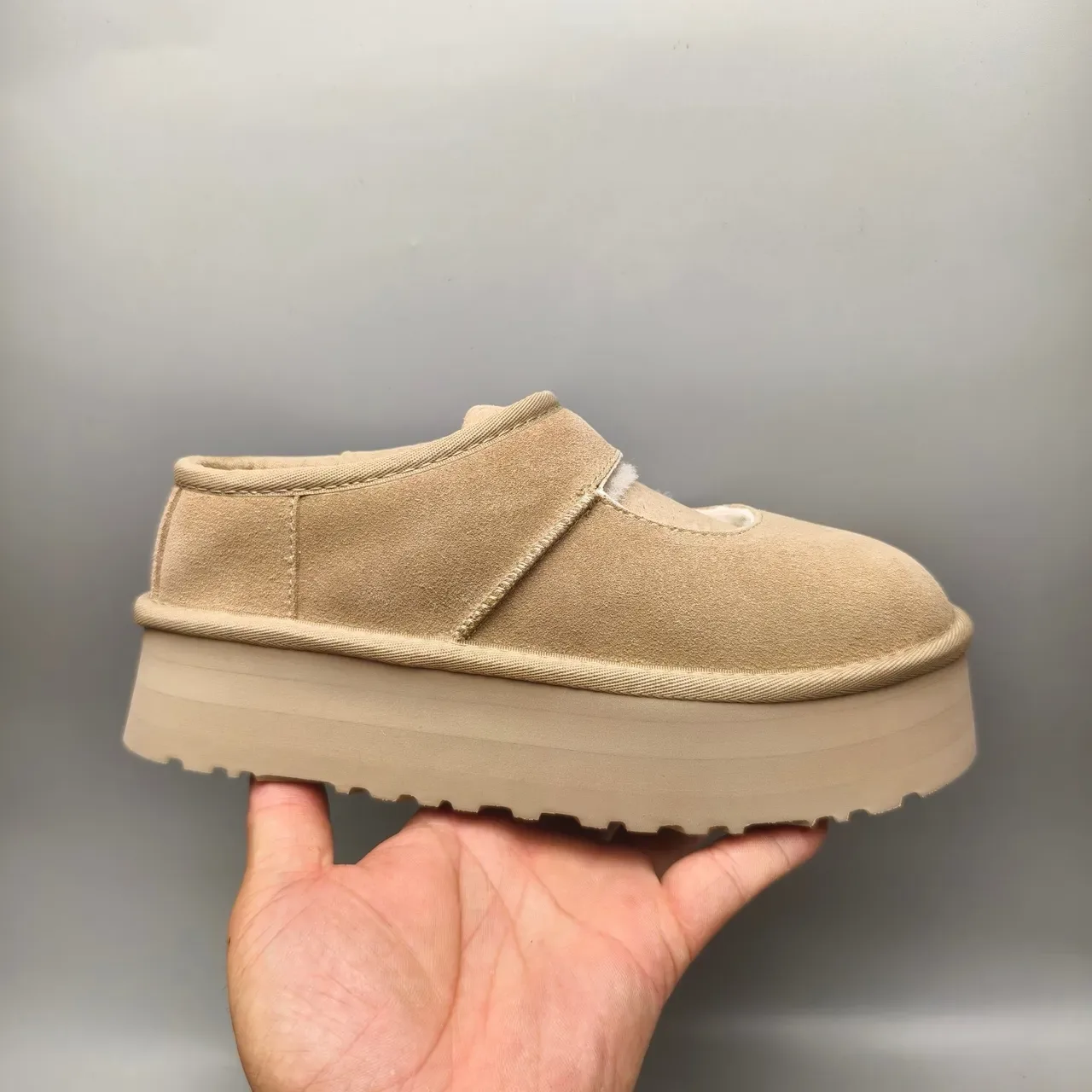 Beige Suede Upper Shearling-Lined Mary Jane Shoes 2