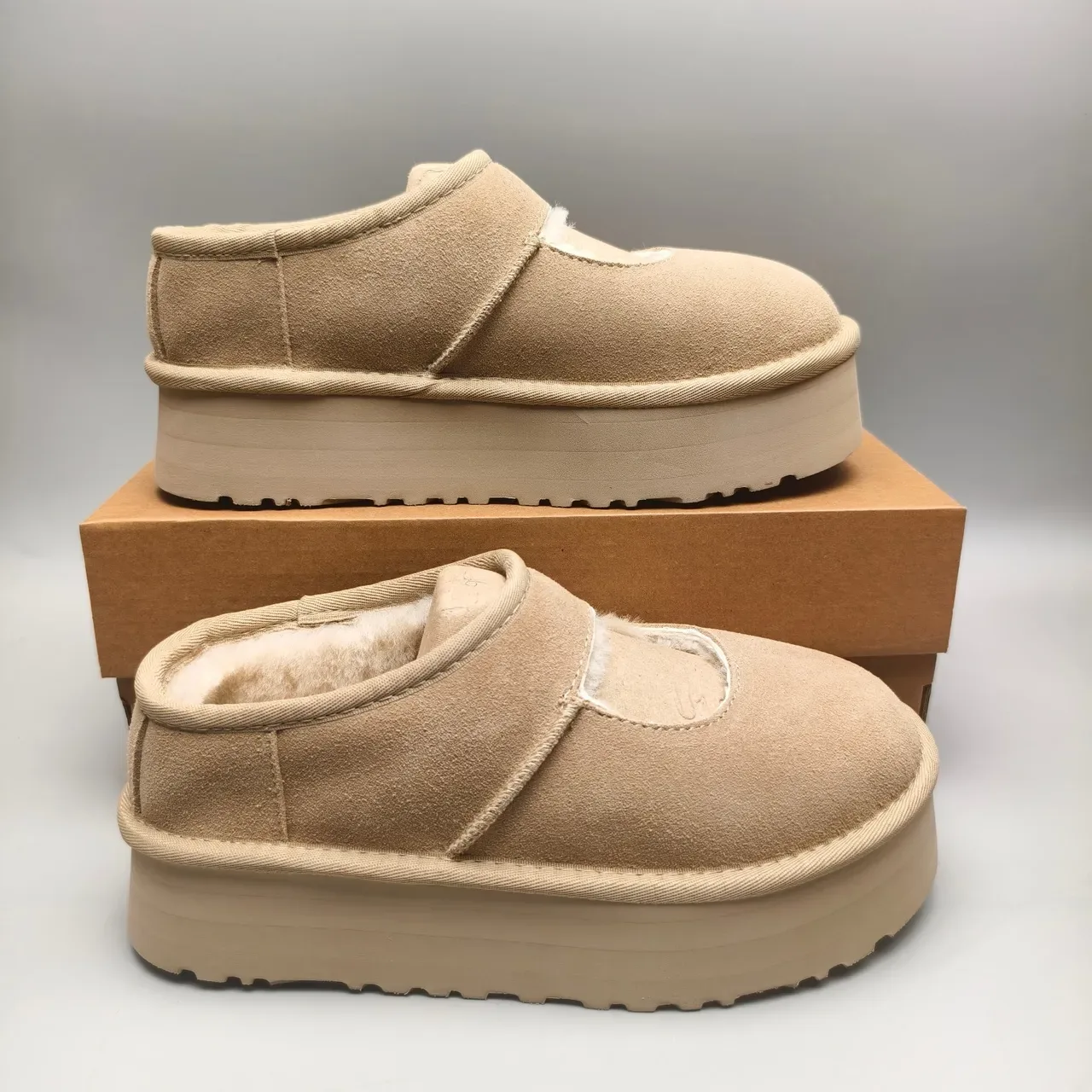 Beige Suede Upper Shearling-Lined Mary Jane Shoes 5