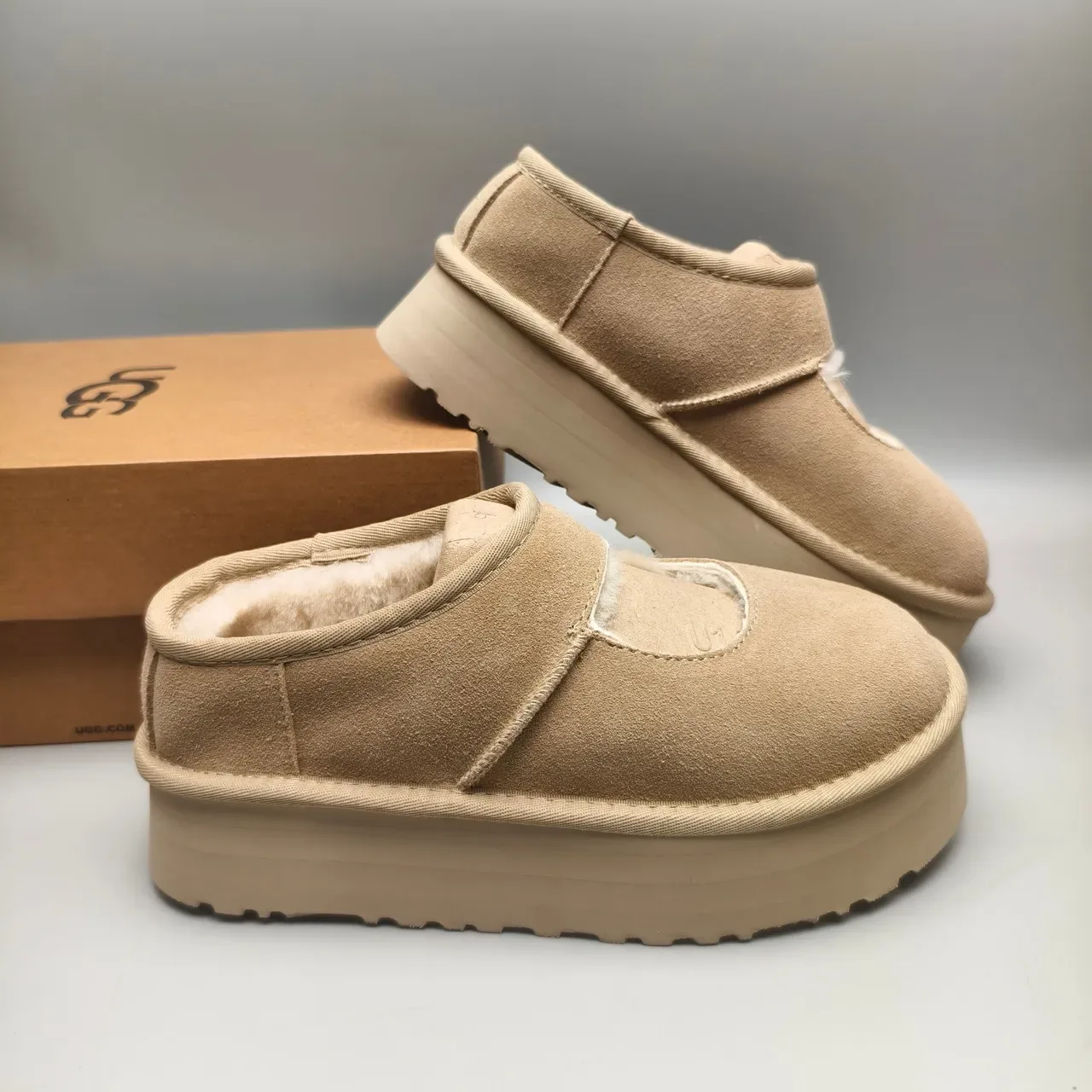 Beige Suede Upper Shearling-Lined Mary Jane Shoes 6