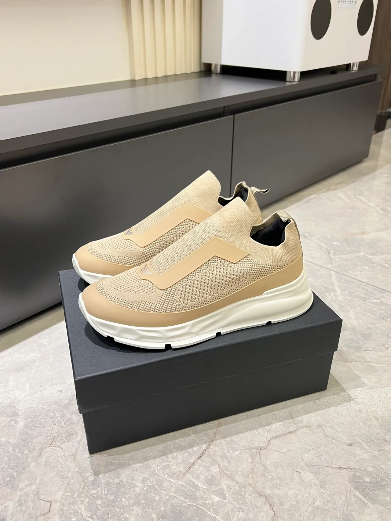 Beige White Slip-On Knit Sculpted Sole Lifestyle Sneakers 3