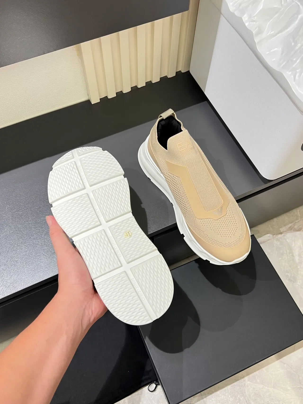 Beige White Slip-On Knit Sculpted Sole Lifestyle Sneakers 4